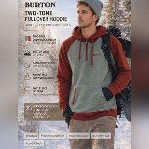 Burton Two Tone Hoodie Olive Green Brick Red Pullover Snowboard Size S
